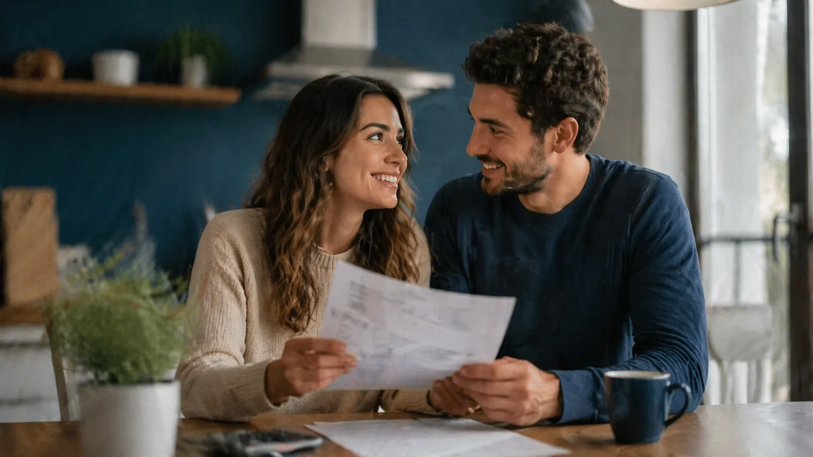 Coppia italiana in cucina con bolletta luce e gas in mano, sorridenti — Elyon Zero