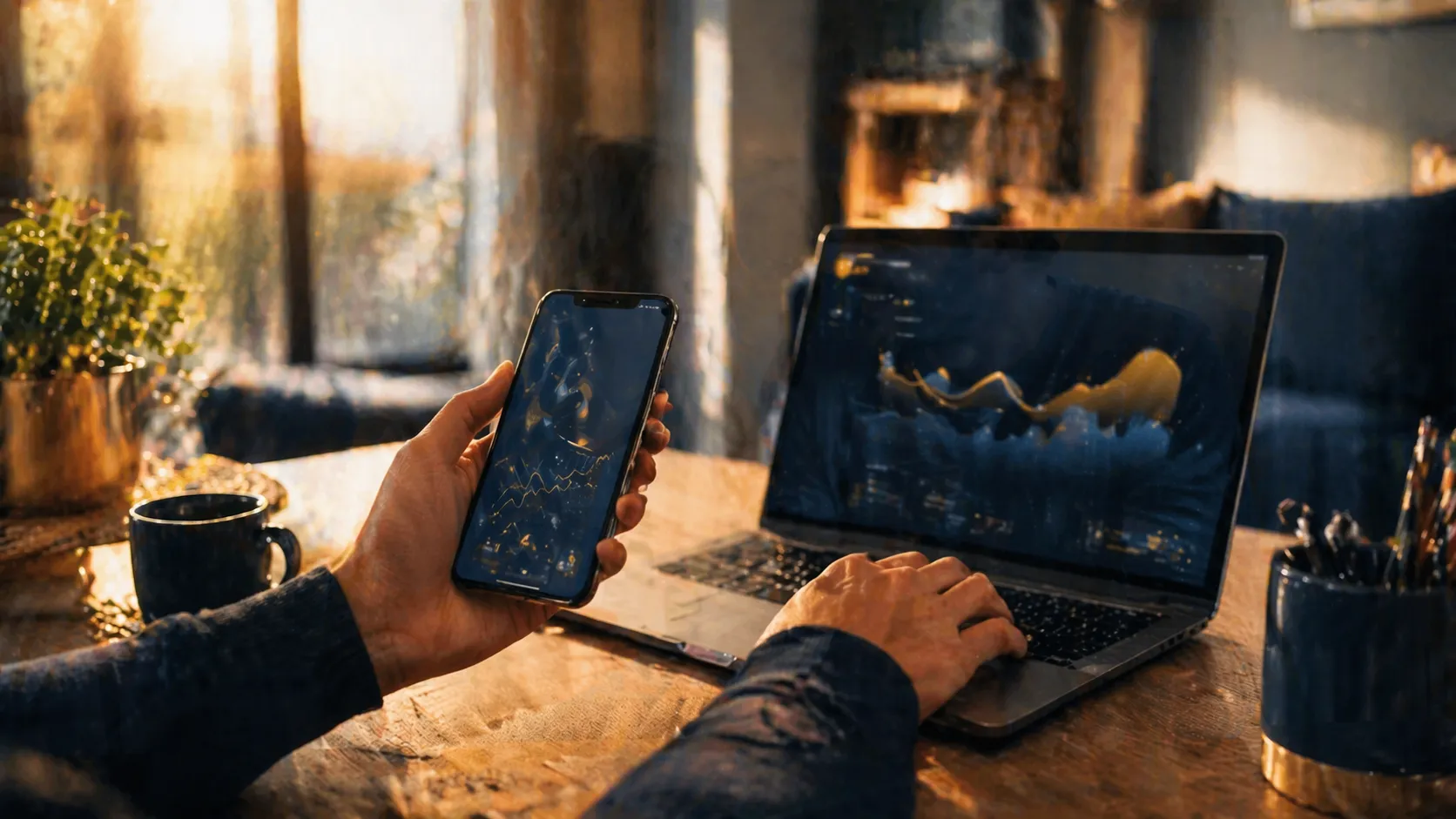 Cambio fornitore luce e gas online: smartphone e laptop su tavolo casa