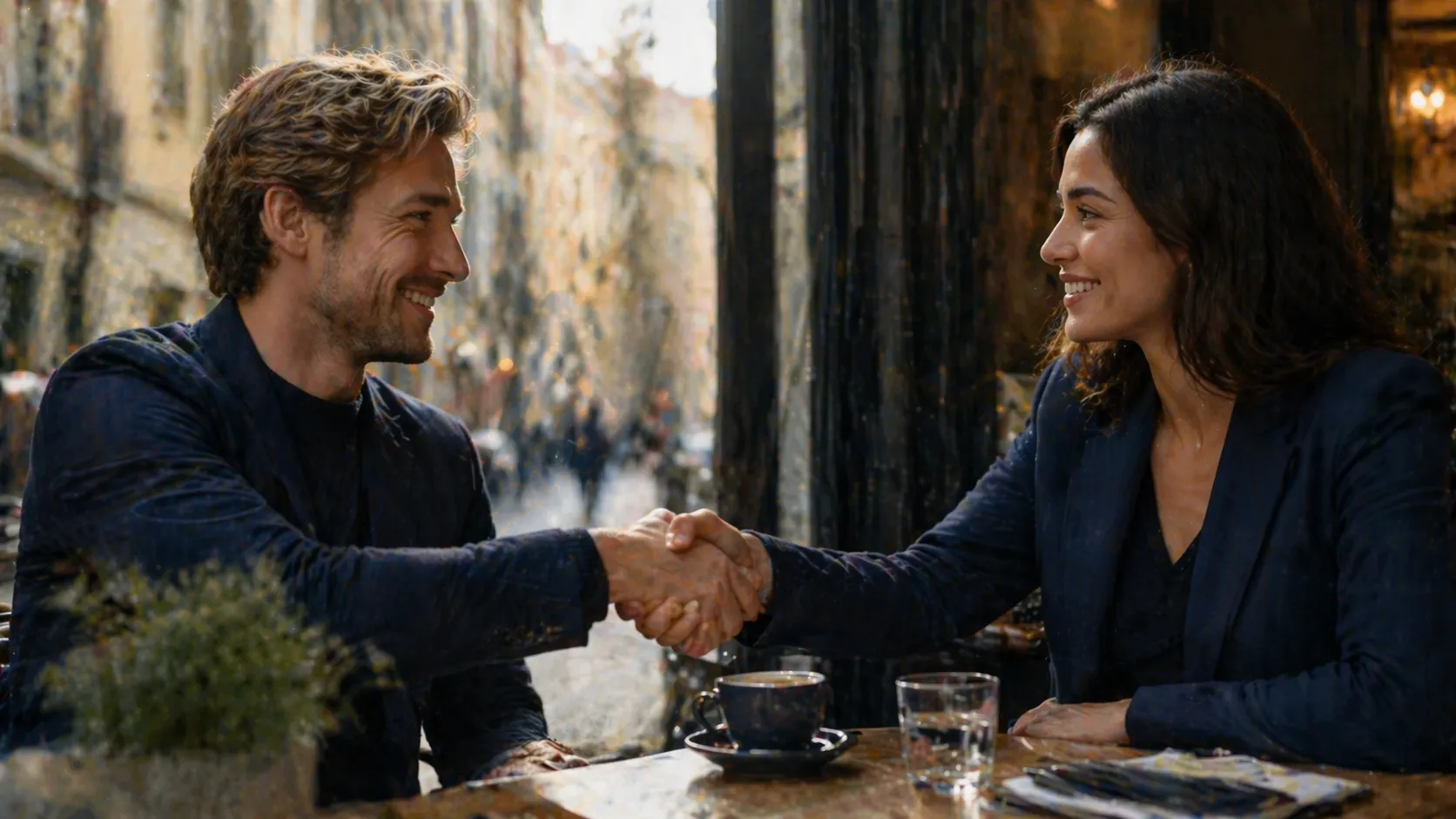 Due persone si salutano al caffè — il passaparola autentico che in Elyon Zero diventa sconto in bolletta