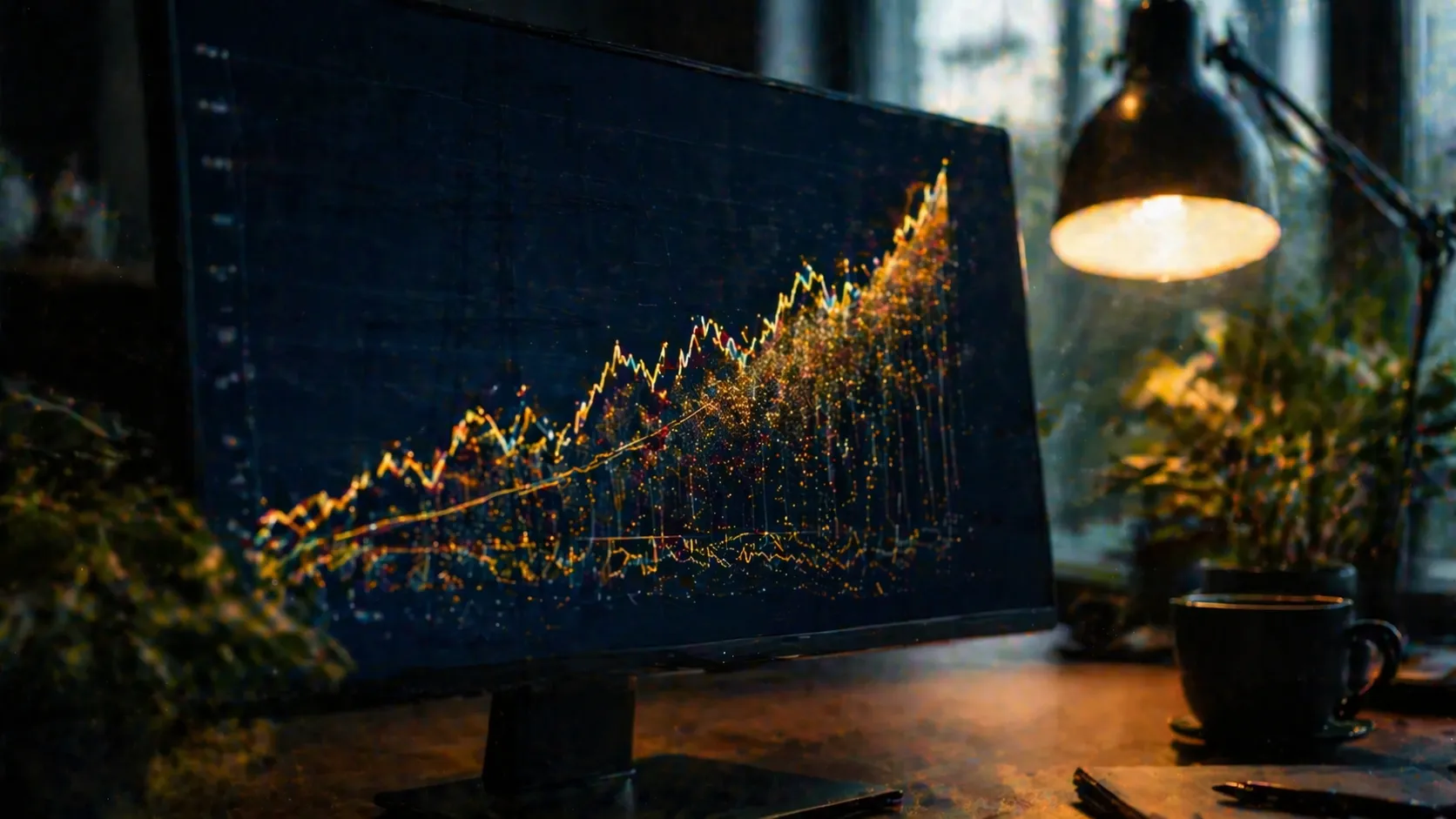 Grafico finanziario PUN PSV su monitor scuro con linea dorata in salita