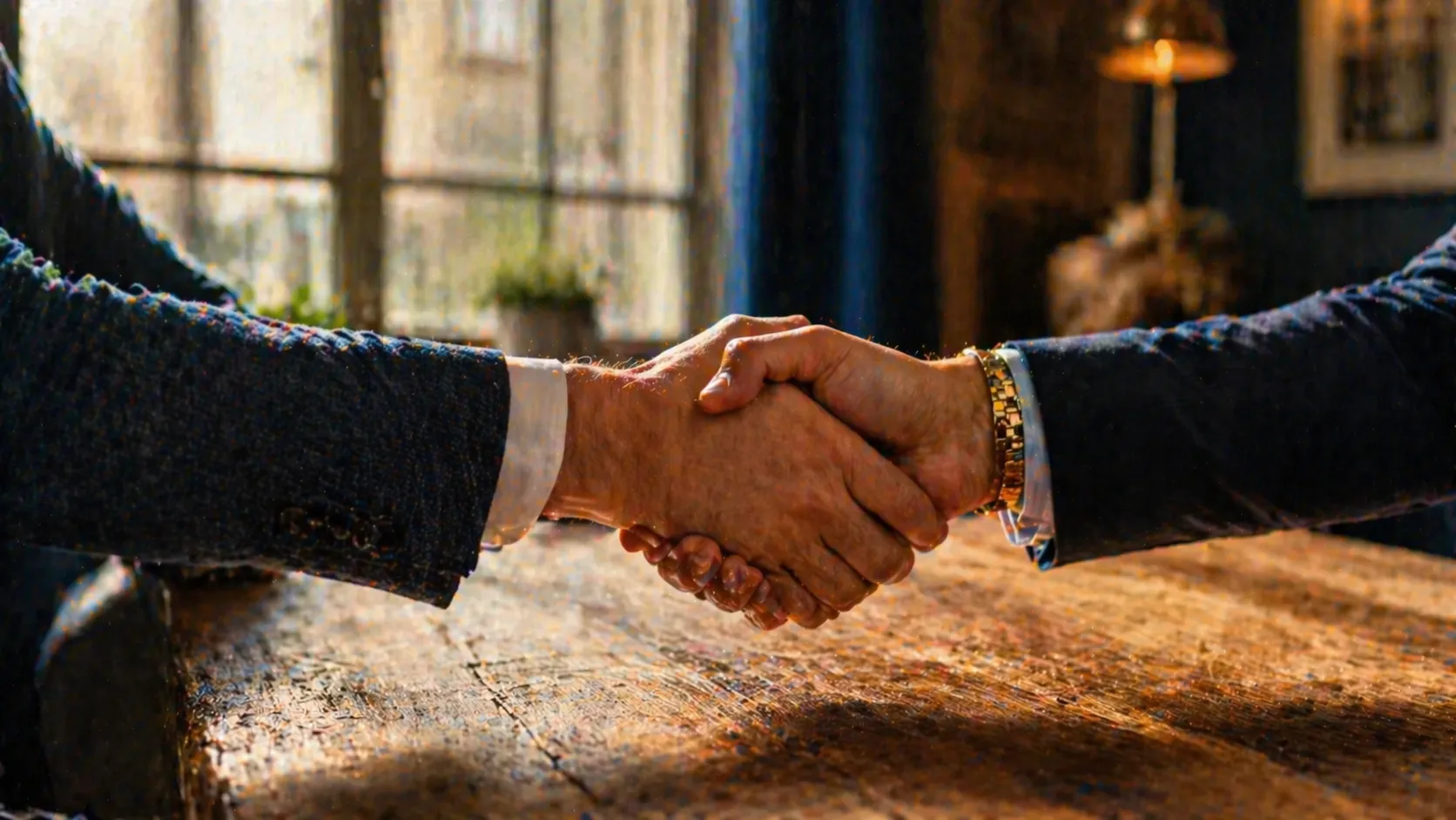 Stretta di mano su tavolo di legno — trasparenza Elyon Zero