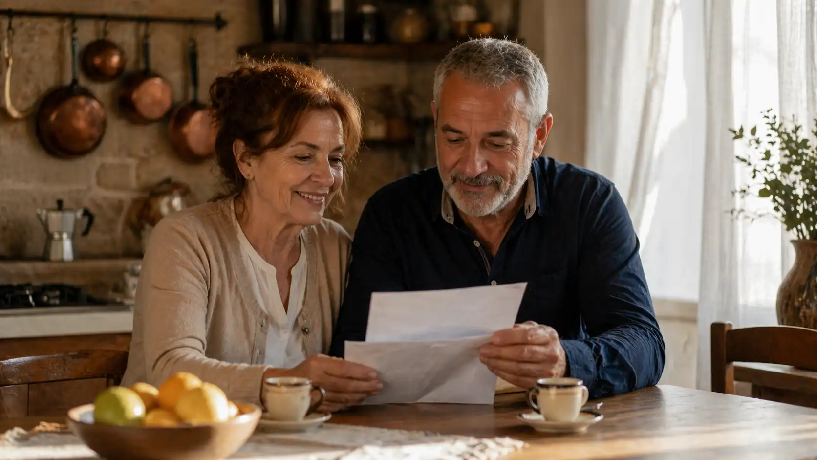 Coppia italiana che legge una lettera alla cucina rustica con moka e pentole di rame