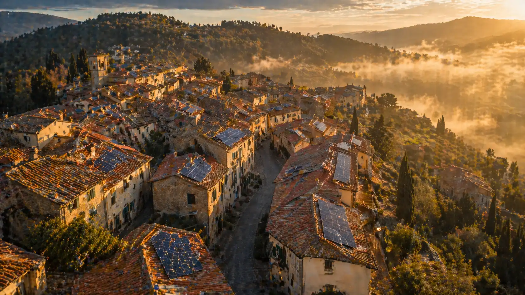 Borgo italiano in collina con tetti solari all'alba